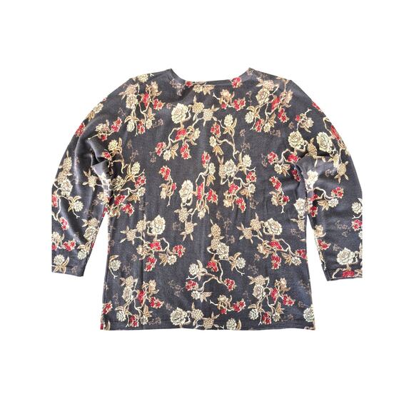 Garnet Hill Wool Cardigan Sweater Med Gray Red Floral Lightweight Layering Lux - Picture 2 of 11